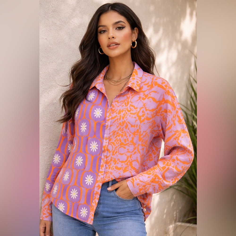 Bucket List Mixed Print Button-Up Blouse